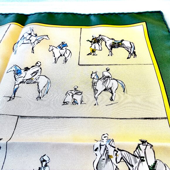 HERMES Paris Silk Scarf Equestrian Horse & Rider VOYAGE AU NIGER Green New 16" - Picture 12 of 16